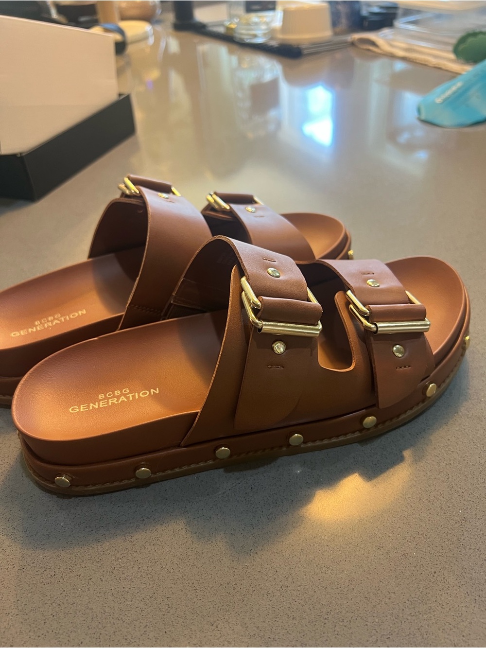 BCBGeneration Brown Double Buckle Slide Sandals with Gold Hardware - Picture 3 of 6